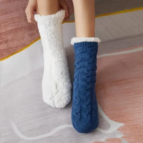 Blue Warm Knitted Non-Slip Thick Winter Socks with Cozy Inner Lining, One Size Fits Most, Breathable Cotton Blend for Indoor Home Office Use โ image 3