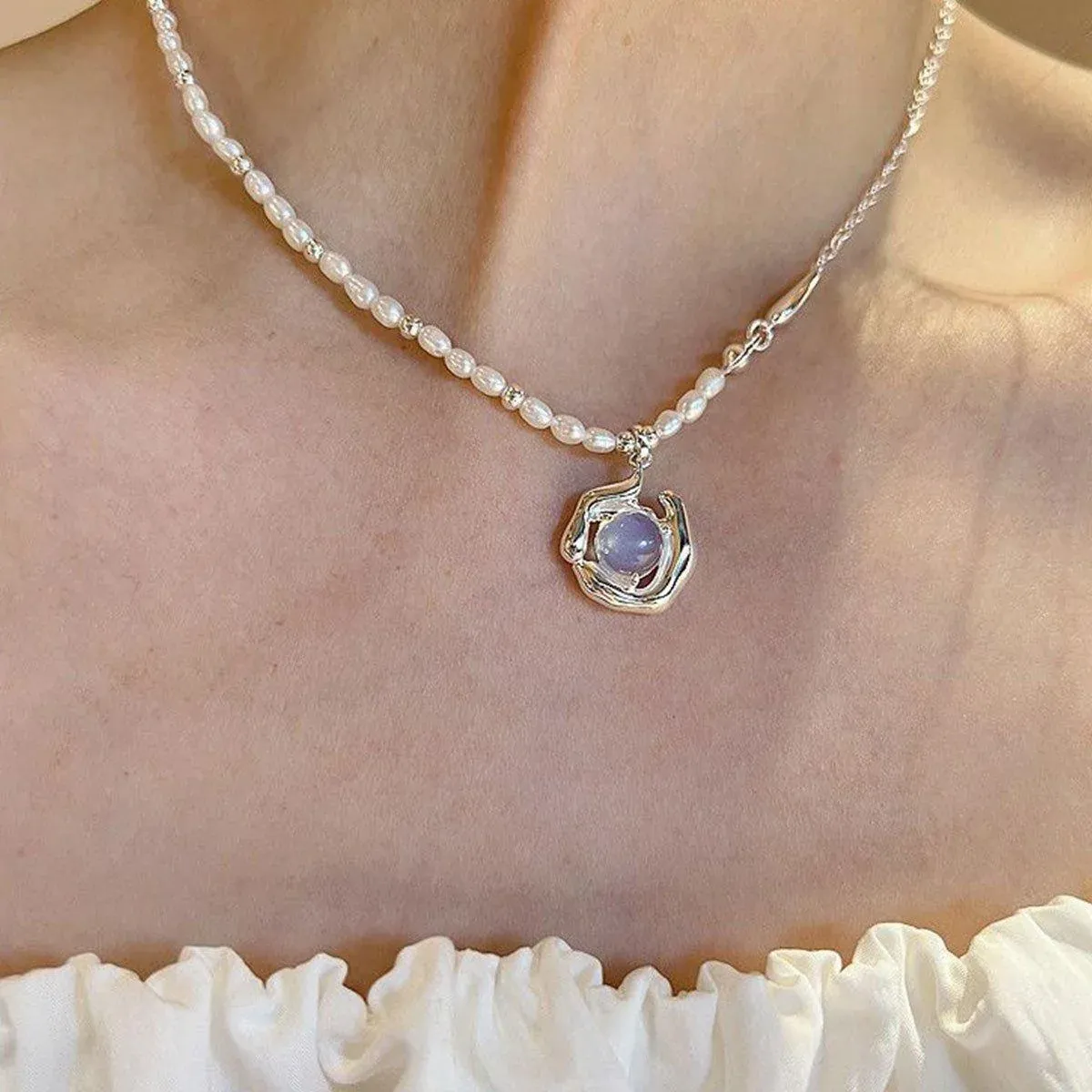 Vintage Moonstone and Pearl Necklace with Chain Fashion Jewelry Women and Girls - Silver — image 6