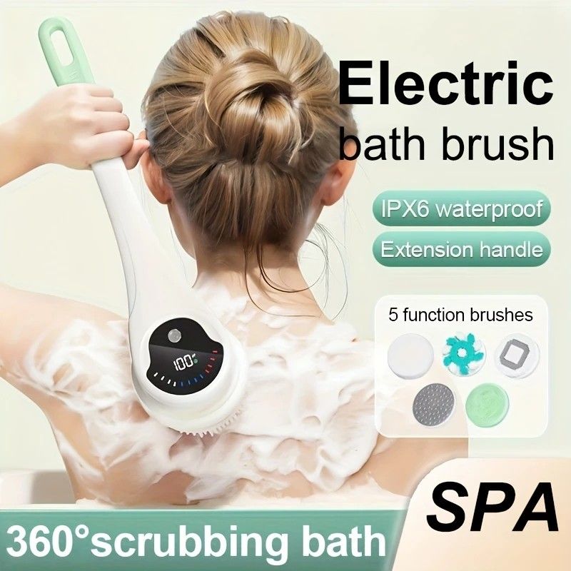 Multi-Function Electric Body Brush: 360° Rotation, Auto-Cleaning, 5 Brush Heads, 3-Speed Adjustment, Wet & Dry Use for Home Spa Experience.GREY — image 2