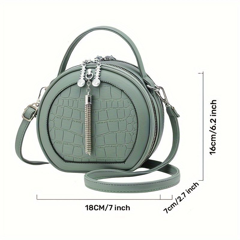 Ladies Handbag Round Handbag Croc-Embossed Handbag Tassel Handbag High-Quality - Khaki - Size L — image 6