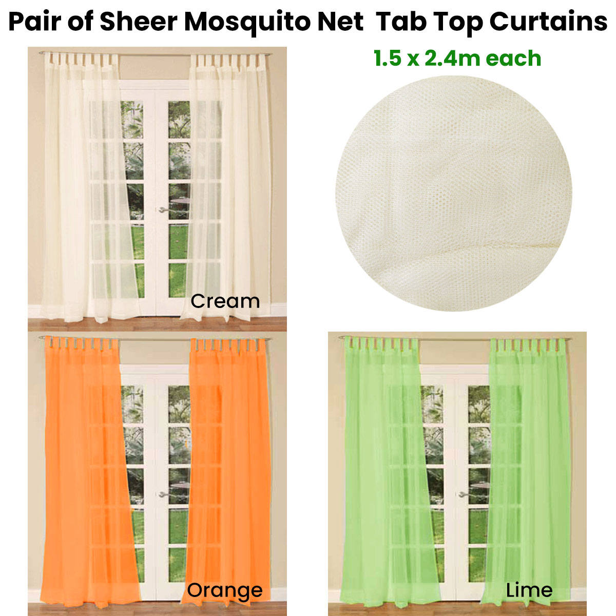 Pair of Sheer Mosquito Net Tab Top Curtains 150 x 240 cm Cream — image 2