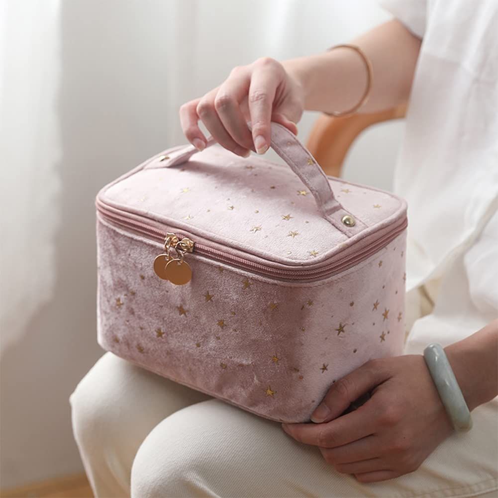 Velvet Makeup Bag with Handle Cosmetic Bags with Makeup Brush Holder Travel Make up Bag for Women, A Pink — image 4