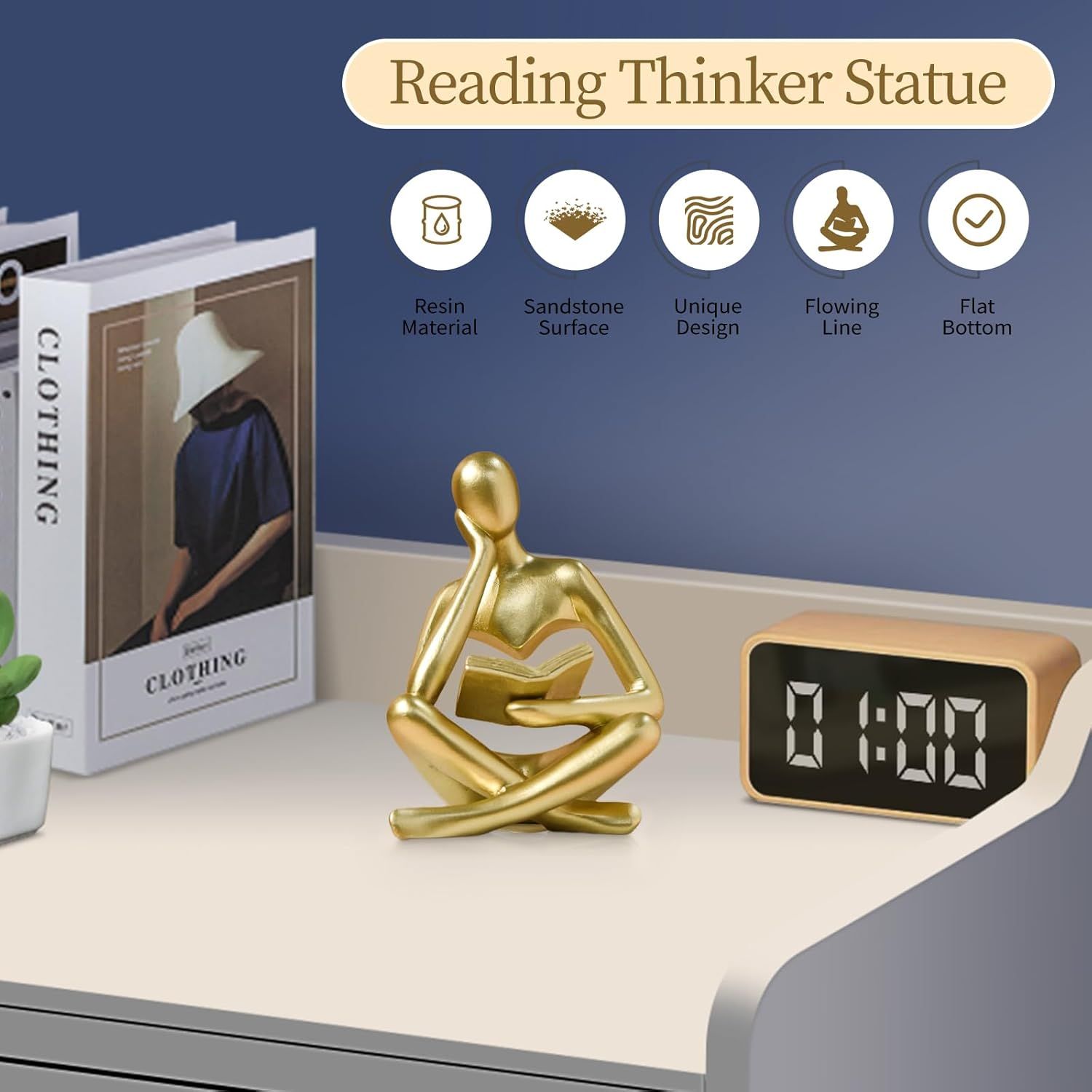 Abstract Reading Thinker Statue for Home Decor, Modern Resin Sculpture Figurine for Bookshelf, Desk & Living Room (Gold) — image 3