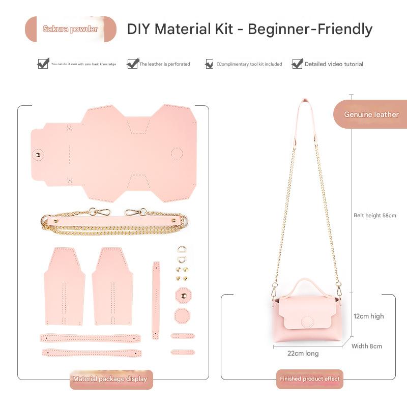 Pink Leather Bag DIY Kit โ Geometric Shoulder Bag Making Material Set with Pre-Punched Cowhide, Tools for Hand Stitching