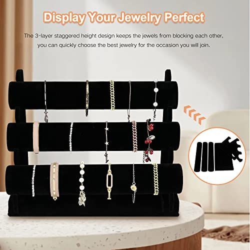 1Pack Velvet Bracelet Holder with 3 Tier Rack, Black Detachable Jewelry Display Stand T-Bar Necklace Storage Organizer for Bangles Watch Bracelets Scrunchies — image 3