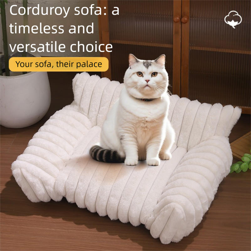 White Plush Ribbed Pet Sofa Bed for Dogs and Cats - Thickened Milk Velvet Cushion, Large Comfy Dog Sofa(50 × 40 × 20cm) — image 5
