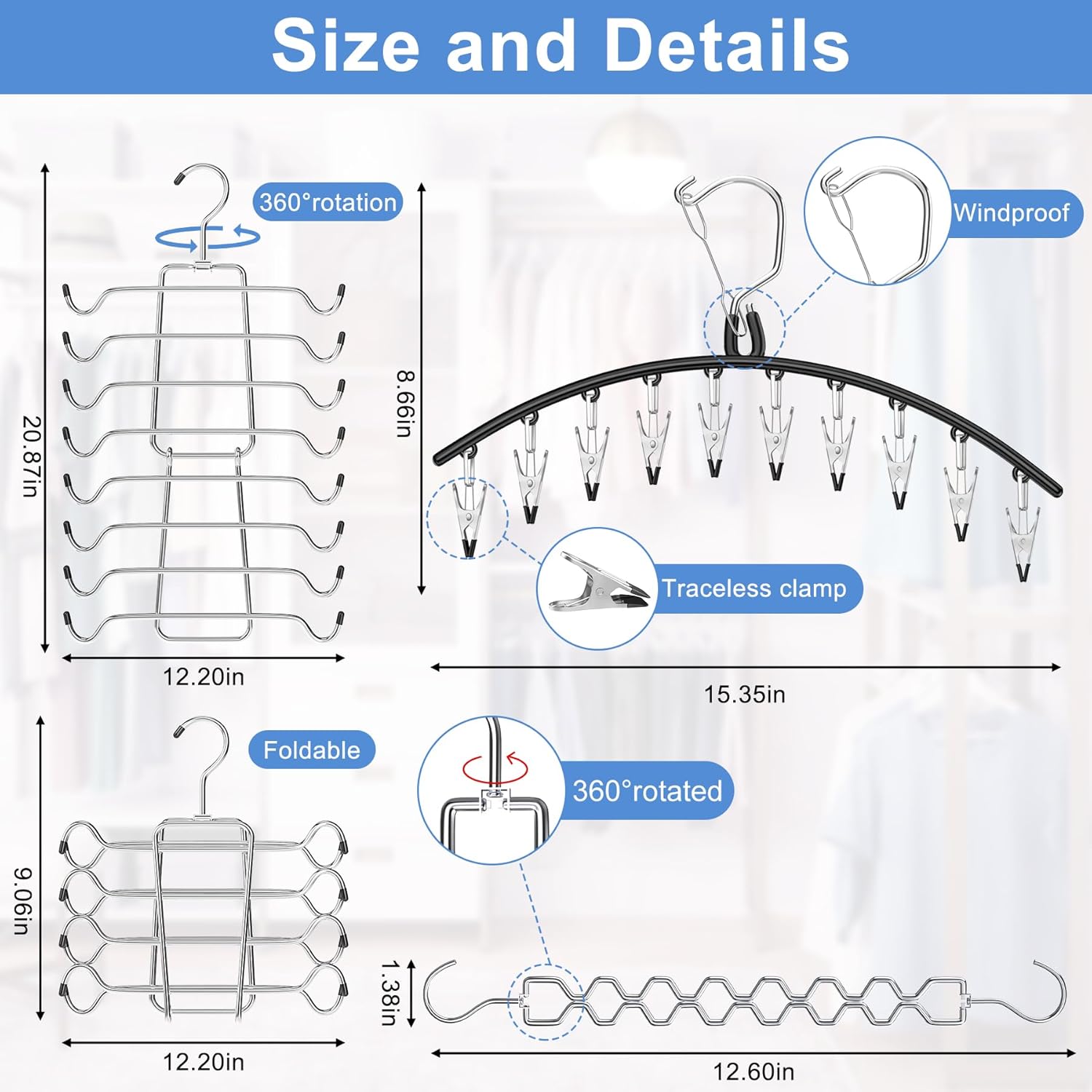 5 Pack Legging Organizer for Closet Hanging, 3 Pants Leggings Hangers with 30 Clips, 1 Tank Top Hanger, 1 Metal Magic Space Saving Hangers Closet Organizers — image 3