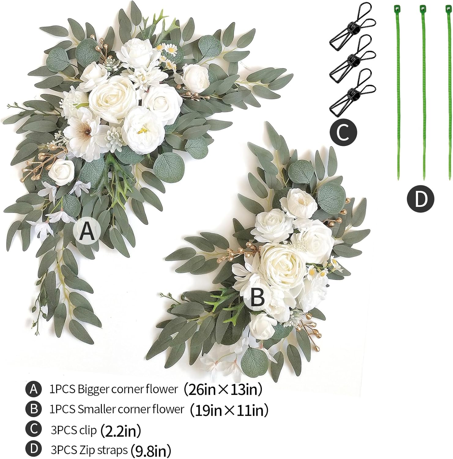 Faux Arch Flower Swag Set of 2 for Wedding Welcome Signs Floral Swag Wedding Reception Ceremony Signs Decor (White) — image 2