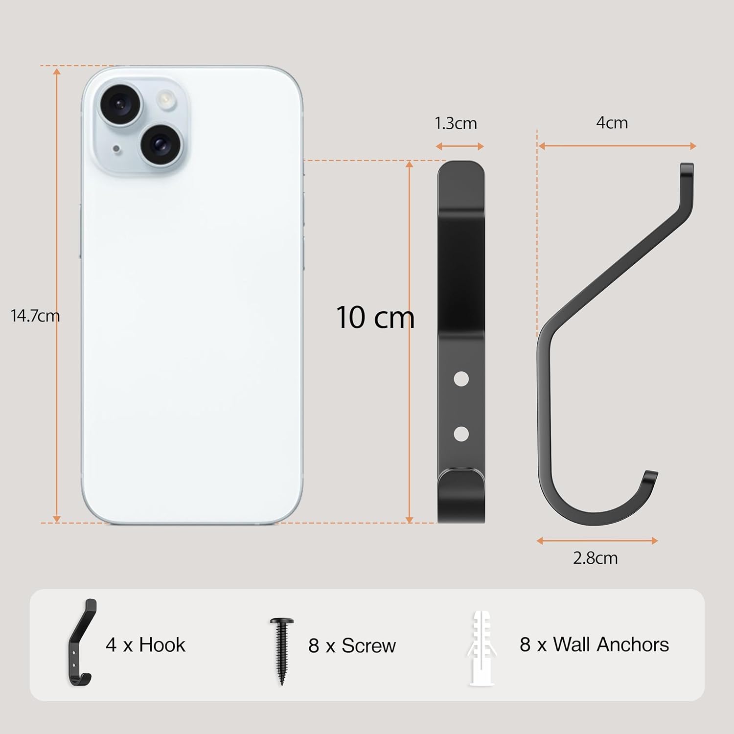 10-Pack Coat Hook for Hanging, 10KG (Max), Stainless Wall Hooks for Towel, Hat, Backpack, Key, Clothes, Wall Mounted Coat Hanger for Closet, Black 10 CM — image 3