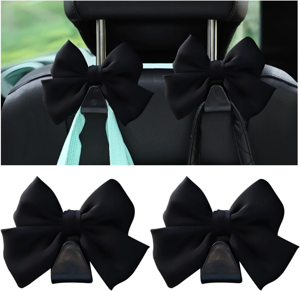 2PCS Car Seat Headrest Hooks, Cute Bow Vehicle Hooks for Purses and Bags, Automotive Purse Hook Hanger Interior Decoration Accessories, Universal for SUV