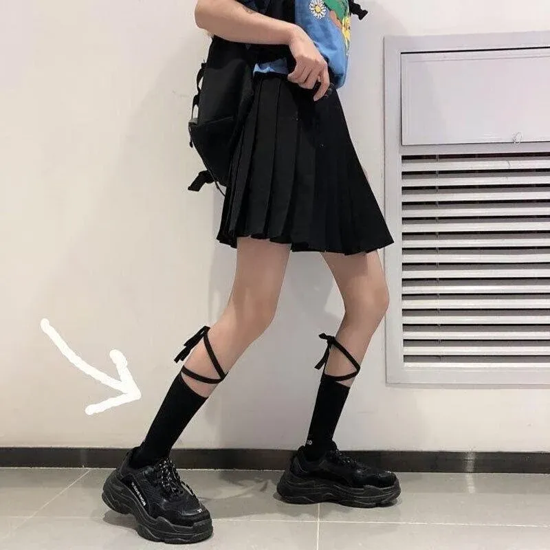 Cross-Tie Women Lolita Socks Bandage Stockings Korean Style Middle Tube Socks - White+Black — image 3