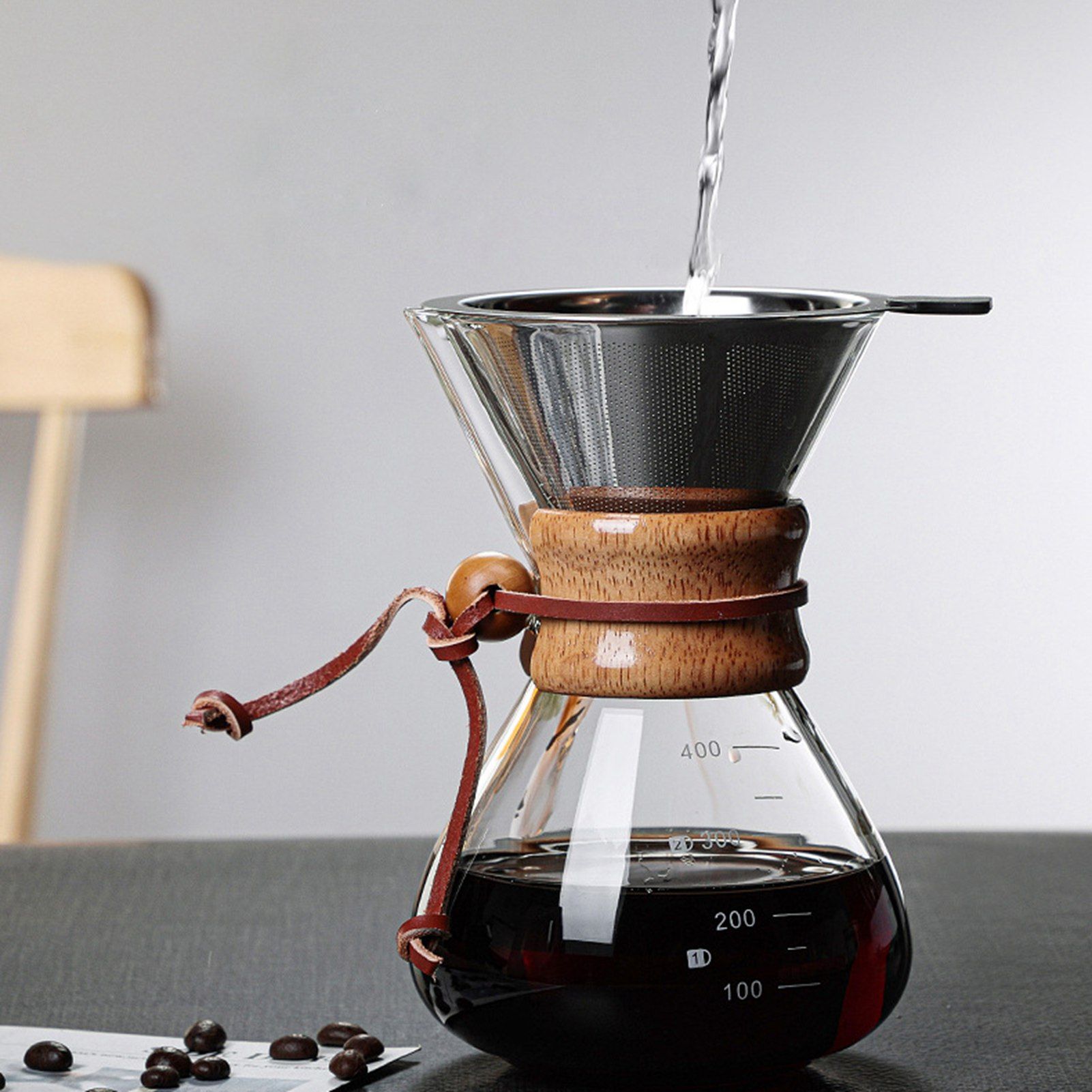 Pour Over Coffee Maker 400ml Double Layer Filter V Spout Wooden Sleeve Coffee Brewer for Home Cafe Party โ image 3