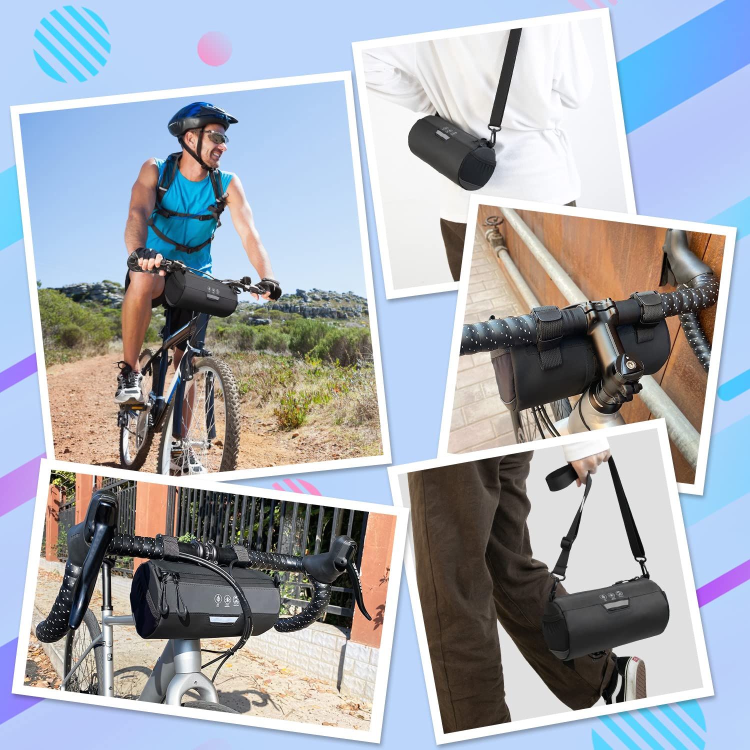 Bike Handlebar Bag Waterproof - Bicycle Handlebar Roll Bag with Large Reflective Area, Bike Front Pouch with Waterproof Zipper Shoulder Strap Removable Straps โ image 5