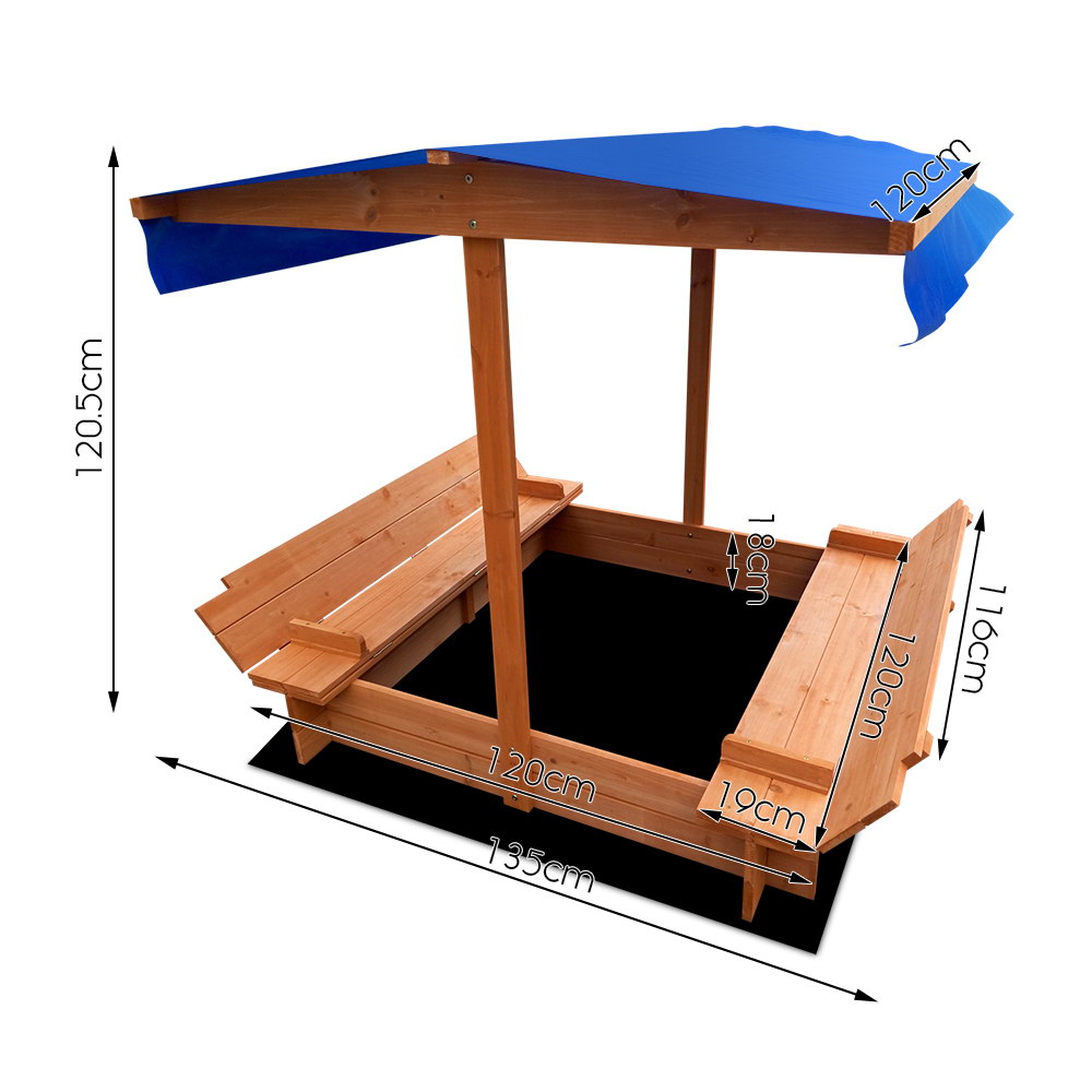 Keezi Kids Sandpit Wooden Sandbox Sand Pit with Canopy Foldable Seat Toys 120cm โ image 2