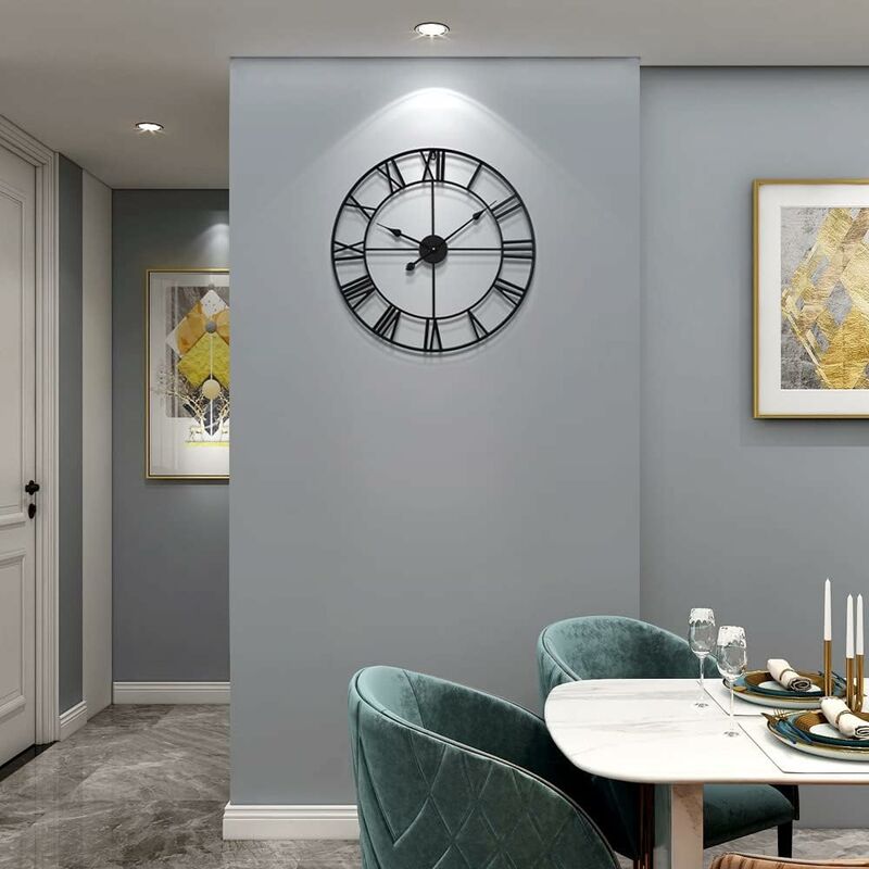 Large ROund Metal Wall Clock Vintage Style Silent Non Ticking Battery Operated 40Cm Black ROman Numeral Clocks For — image 4