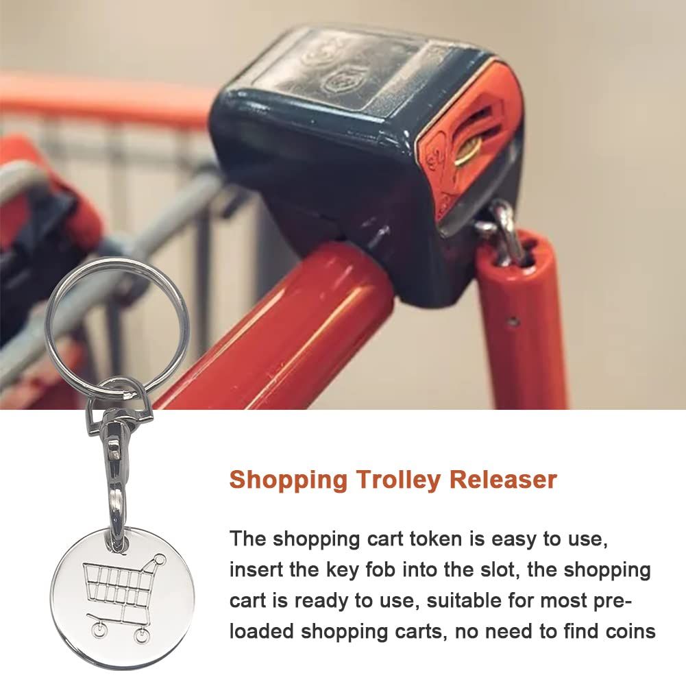 Shopping Trolley Tokens Key Ring,Stainless Steel Shopping Trolley Remover Grocery Cart Coin Keychain, Unlock Release Key for Meters — image 3