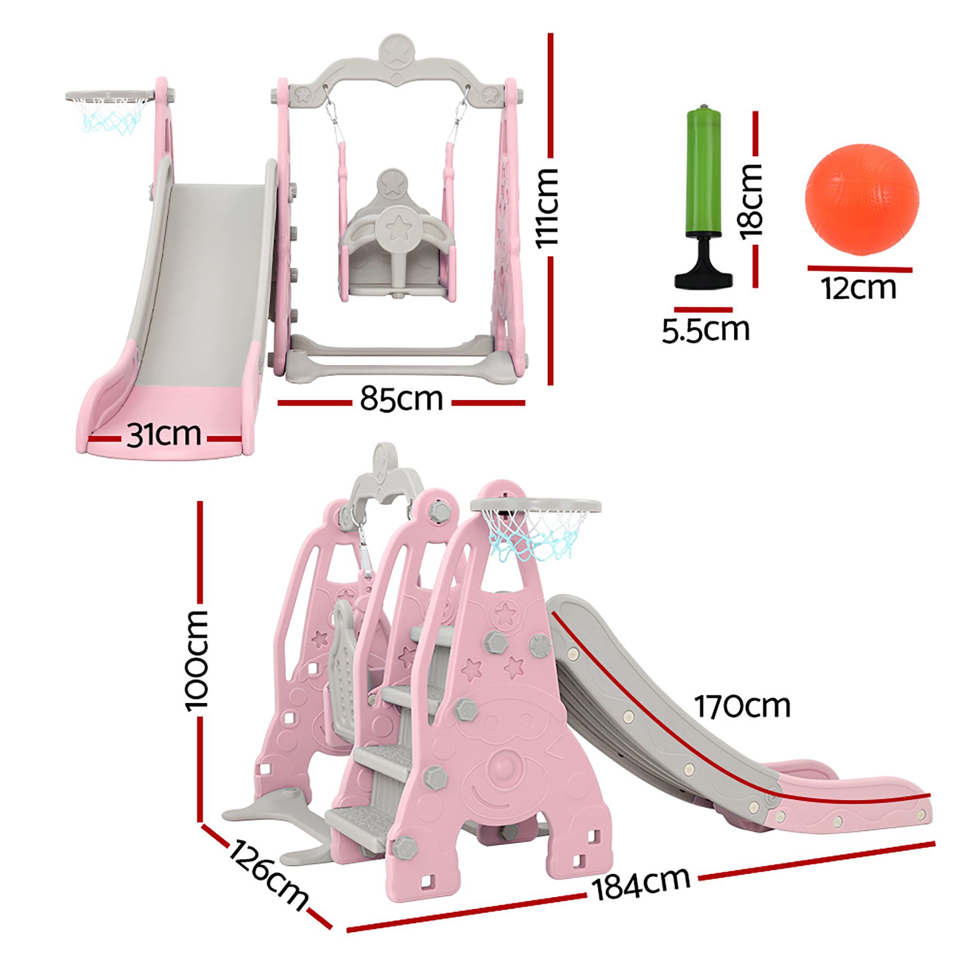 Keezi Kids Slide Swing Set Basketball Hoop Outdoor Playground Toys 170cm Pink — image 2