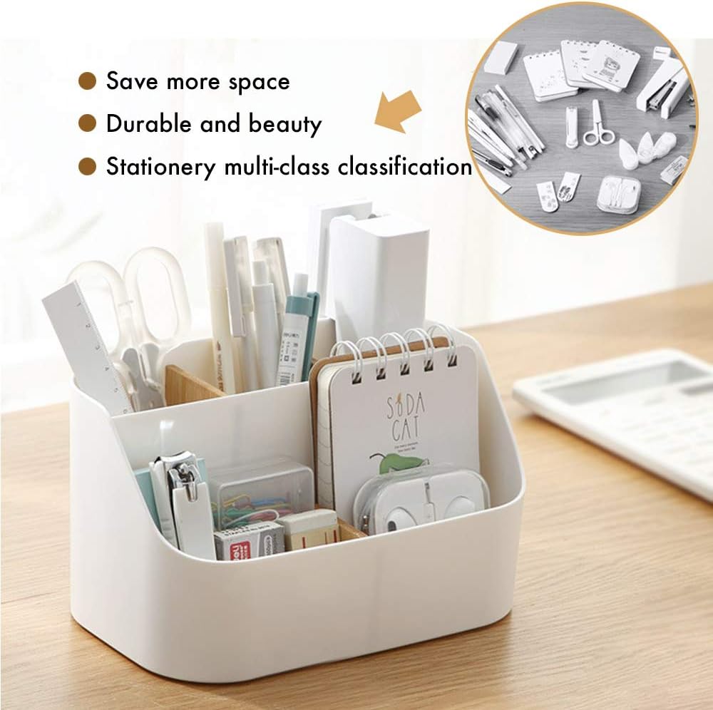 Pink Desk Organizer with Compartments Small Storage Box for Makeup Brushes Pens Pencils Remote Controls Office Accessories — image 3
