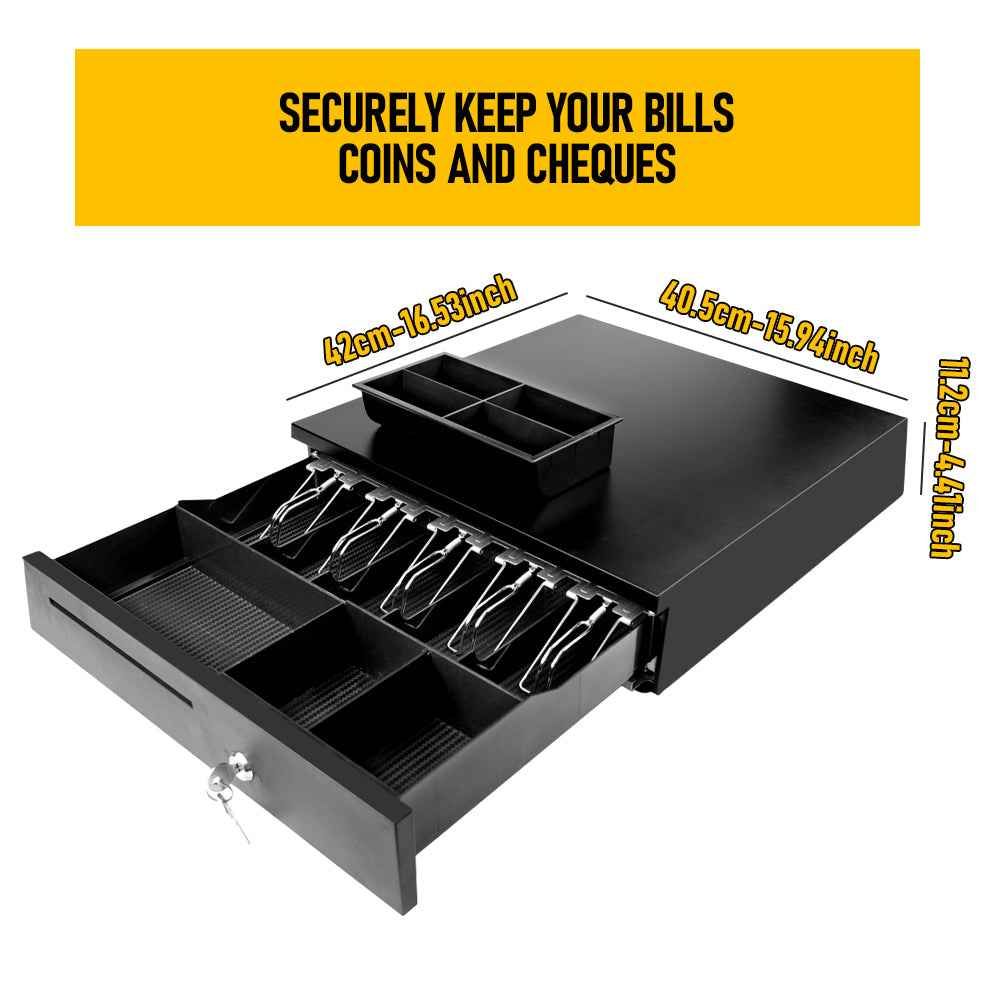 Heavy Duty Metal Cash Drawer, 5 Note&6 Coin Trays,Black(40.5x42x11.2cm) — image 2