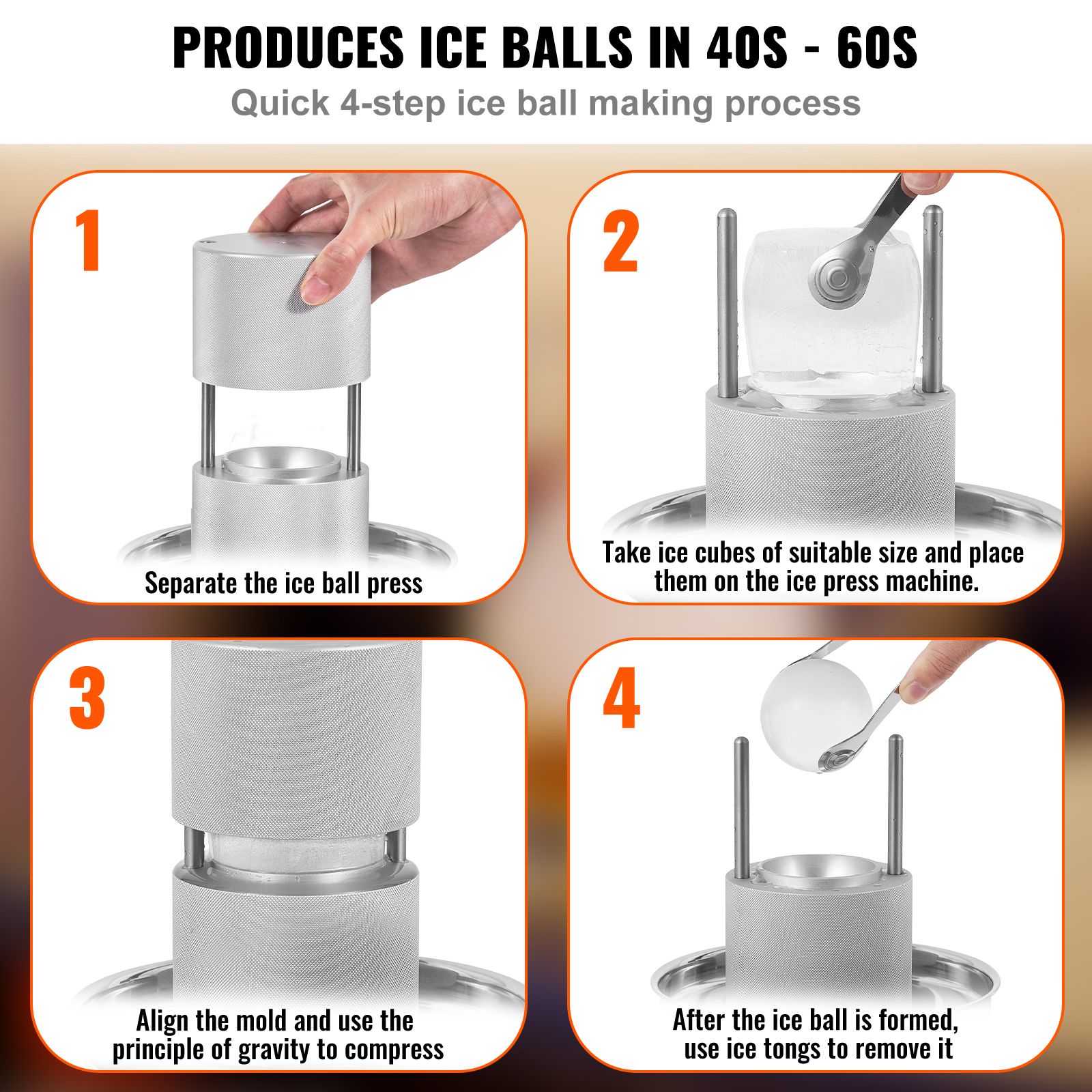 Ice Ball Press Kit, Aircraft Al Alloy Ice Press with Ice Block Mold, Large Mat, Tong, Drip Tray, One Glass, Round Ice Ball Maker 2.4"/60 mm Ice Sphere, for โ image 3