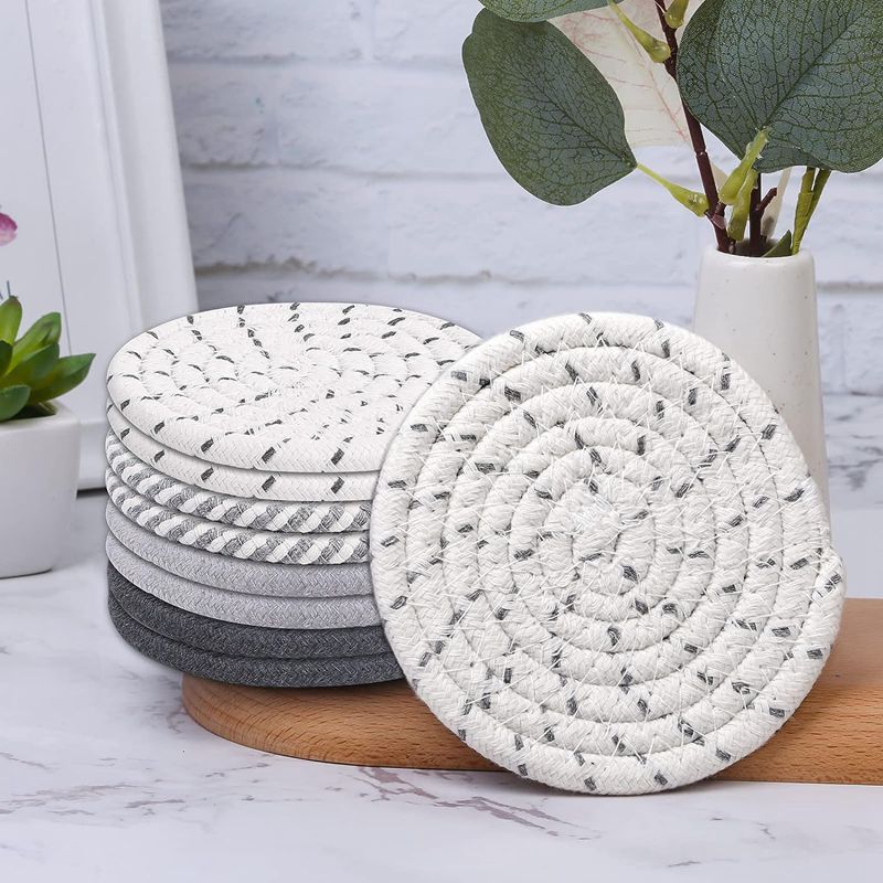 Beige and Khaki Absorbent Woven Cotton Coasters - Set of 8 with Metal Holder - Heat Resistant Drink Mats for Table Protection โ image 5