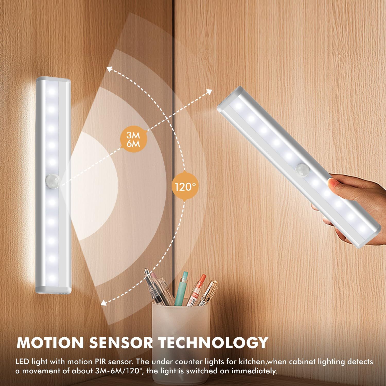 Under Cabinet Lights, Wireless Motion Sensing Stick-on Anywhere Step LED Light Bar with Magnetic Strip, Pure White, 3-Pack — image 3
