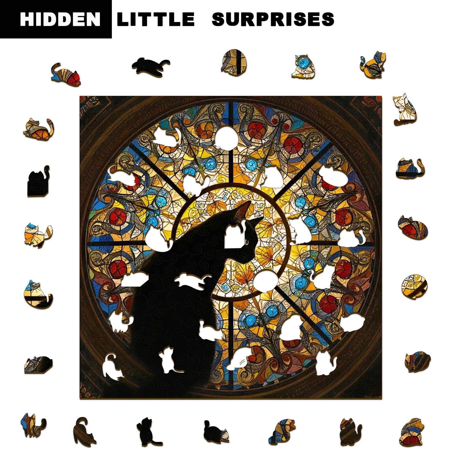L size Cat Stained Glass Wooden Puzzle Irregular Shaped Jigsaw Puzzle High Difficulty Wooden Brain Teaser Cathedral Black Cat Mosaic Puzzle Gift for — image 6