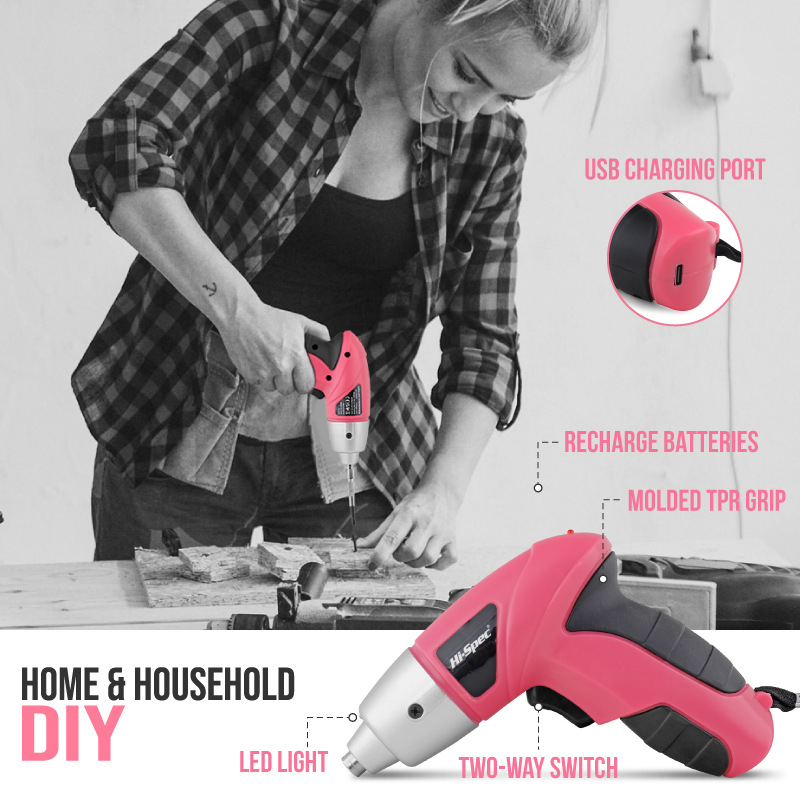 Pink 42 Piece Home Tool Set with 4V Cordless Electric Screwdriver Kit for DIY Repairs and General Household Maintenance Portable Storage Case โ image 4