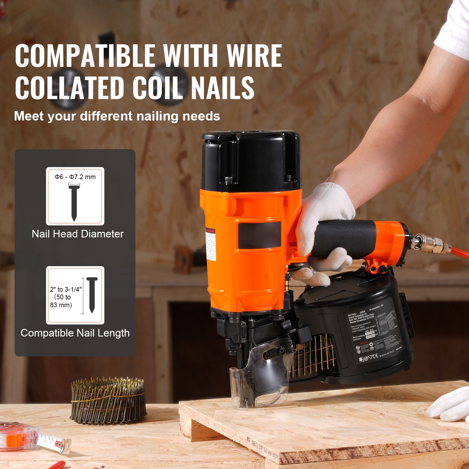 CN83N Coil Siding Nailer 50mm to 83mm 15 Degree Pneumatic Nail Gun — image 2