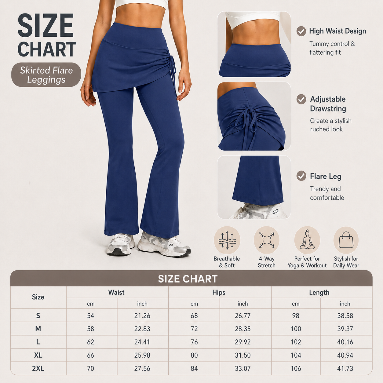 Women's High Waist Skirted Flare Yoga Pants with Adjustable Ruched Drawstring (XXL size)- Blue Faux Two Piece Bootcut Leggings for Pilates, Gym Workout โ image 5