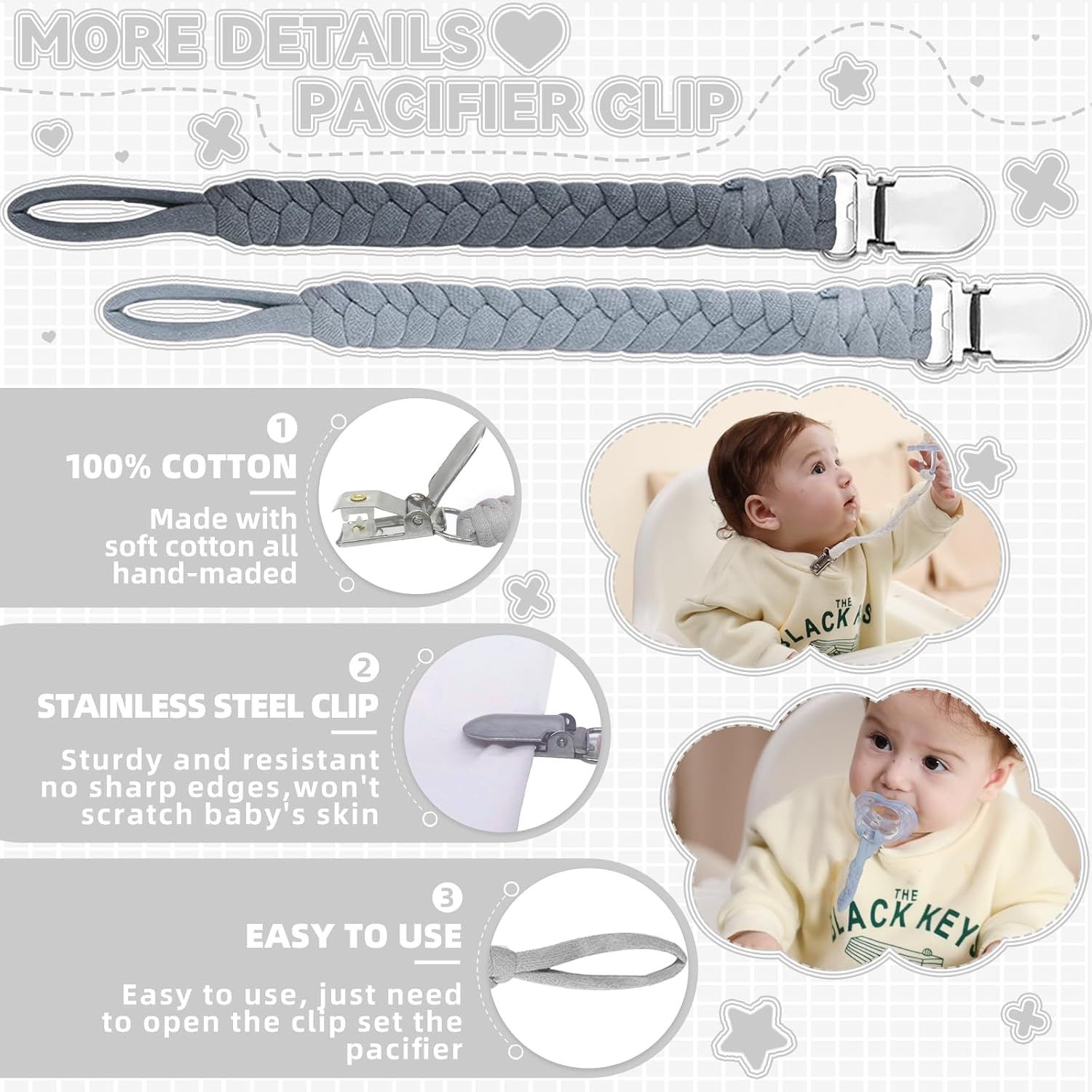 4 Pcs Pacifier Clip, Pacifier Clips for Boys & Baby Girls Pacifier Holder Clip Binky Clips Braided 100% Handmade Fits All Pacifiers — image 2