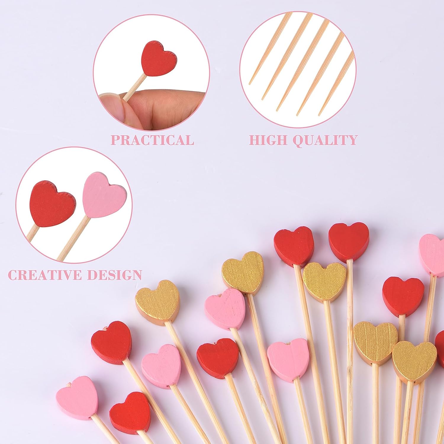 100 Pack Heart-Shaped Bamboo Cocktail Picks, 4.7" Heart Toothpicks for Appetizers, Natural Bamboo Food Picks for Valentines Wedding Birthday Party Decoration โ image 3