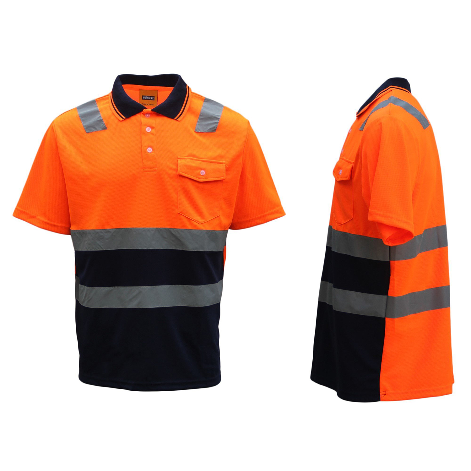 HI VIS Short Sleeve Workwear Shirt w Reflective Tape Cool Dry Safety Polo 2 Tone, Fluoro Orange / Navy, 2XL โ image 2