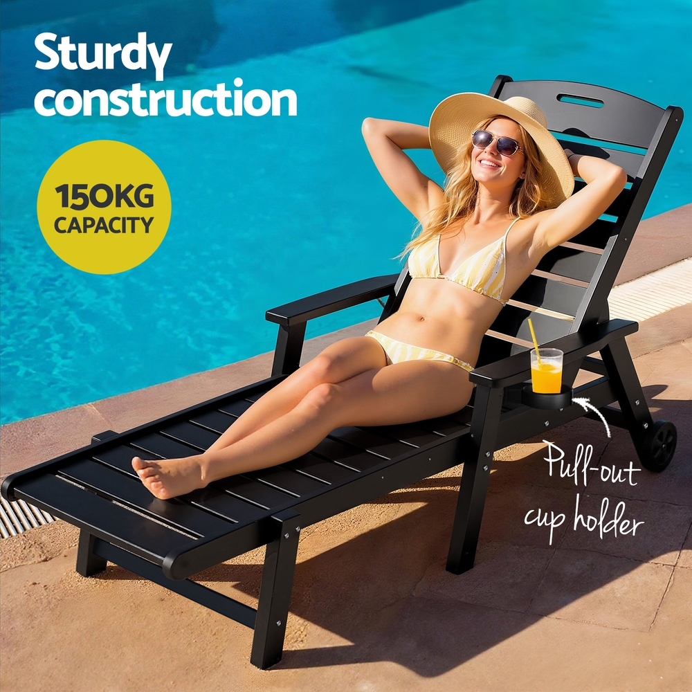 Gardeon Sun Lounge Lounger Beach Chair HDPE Patio Outdoor Furniture with Wheels Black — image 6