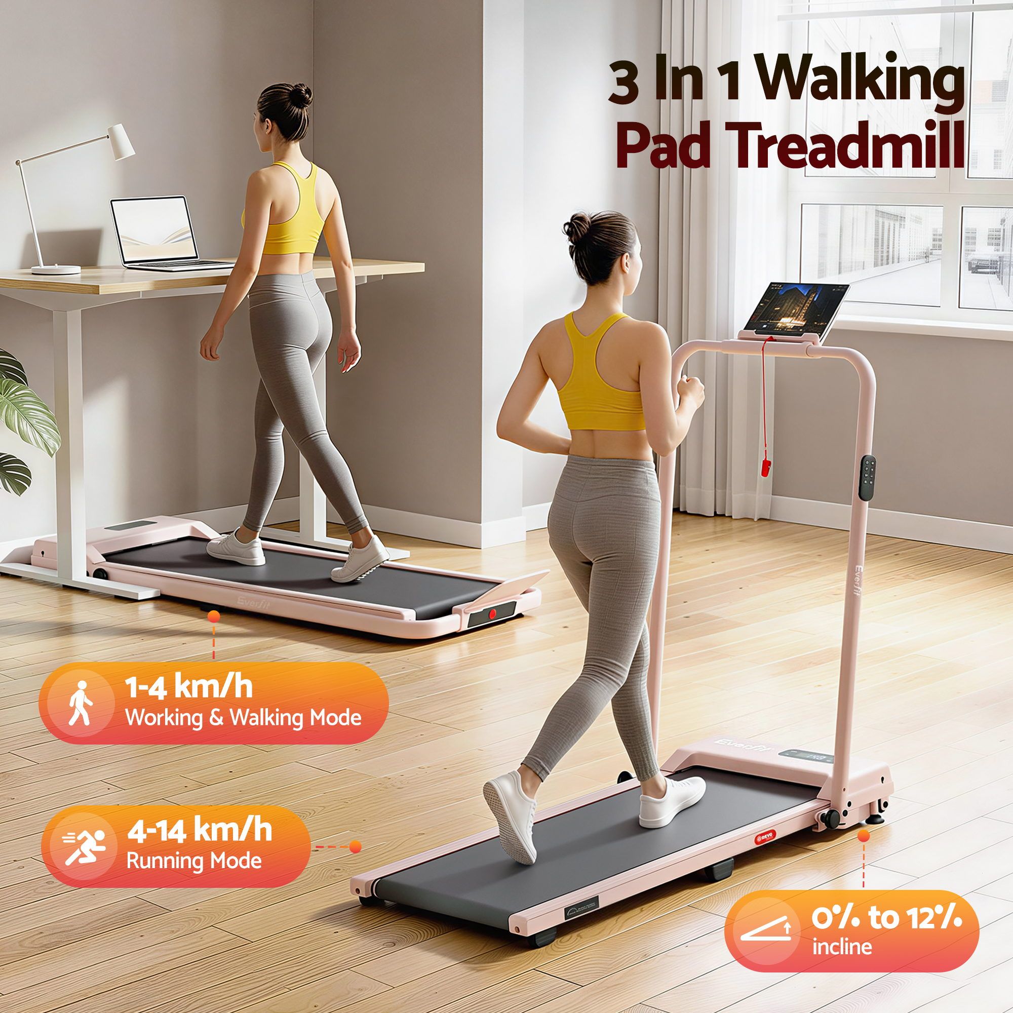 Everfit 3 in 1 Walking Pad Treadmill 12% Incline Under Desk Treadmills for Home Gym With 38cm Wide Belt APP Control — image 3