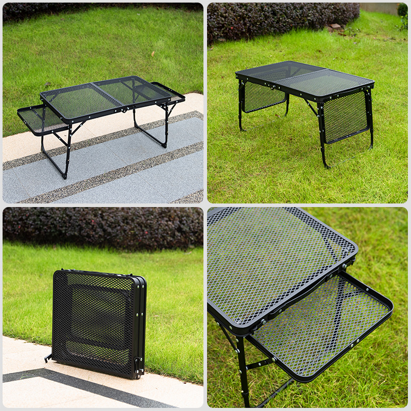Black Portable Camping Table Heat Resistant Steel Mesh Top Foldable BBQ Desk with Side Wings Adjustable Height Aluminium Frame for Outdoor Picnic — image 4