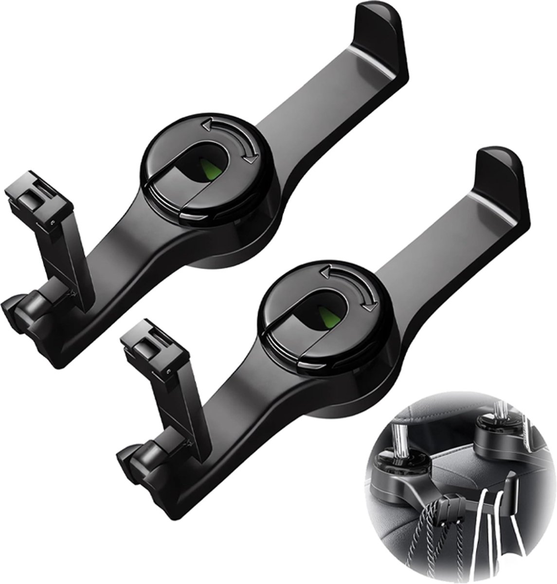 Car Seat Hooks - 2 Pieces - 2 In 1 Car Headrest Hooks - Multifunctional Car Seat Hook - 360° Rotation Front and Rear Seat Headrest Hook - Concealed Hook