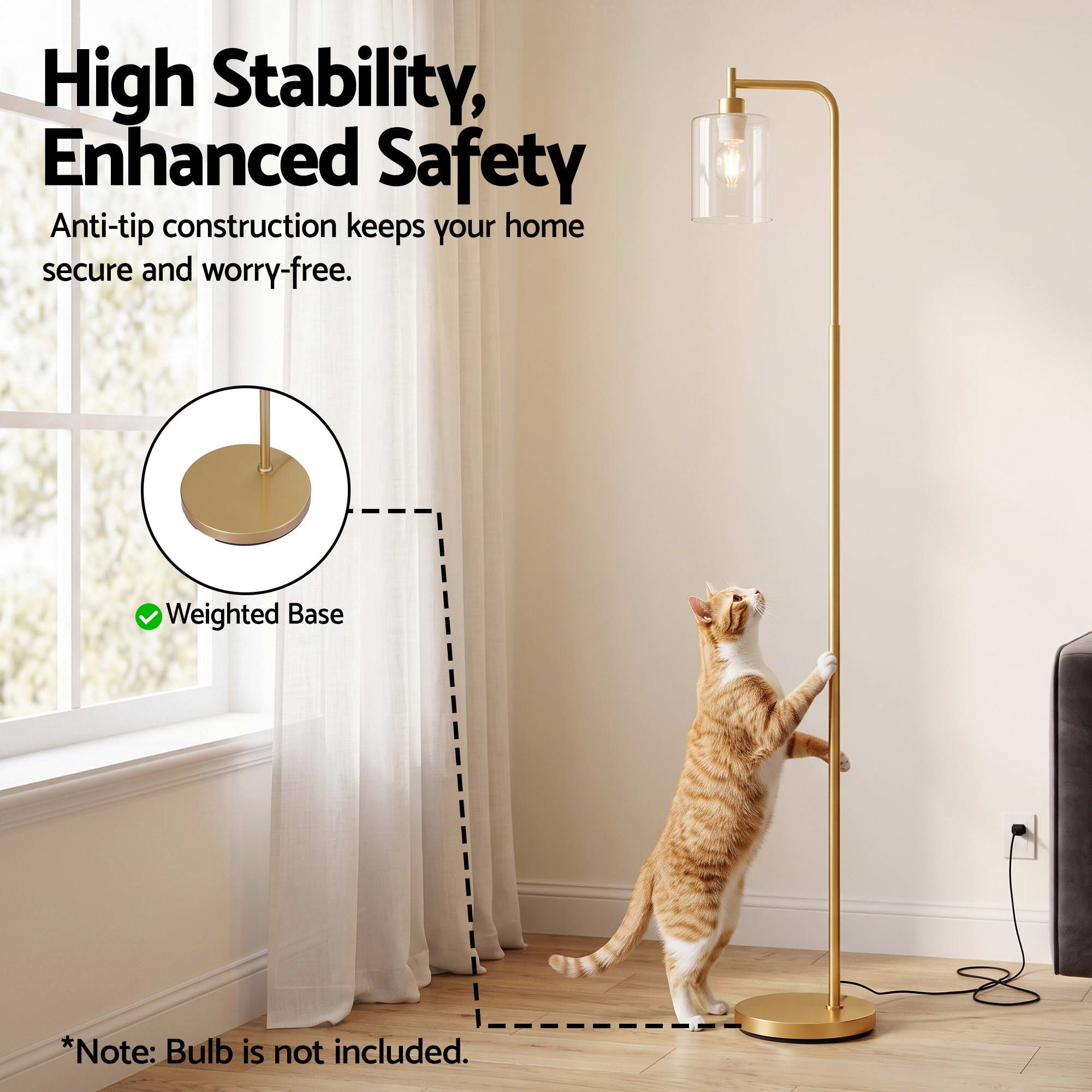 Artiss Floor Lamp Modern Industrial Standing Light with Clear Glass Shade, GoldMetal Tall Lamp for Living Room, Bedroom & Office, Anti-Tipping Weighted Base & โ image 5