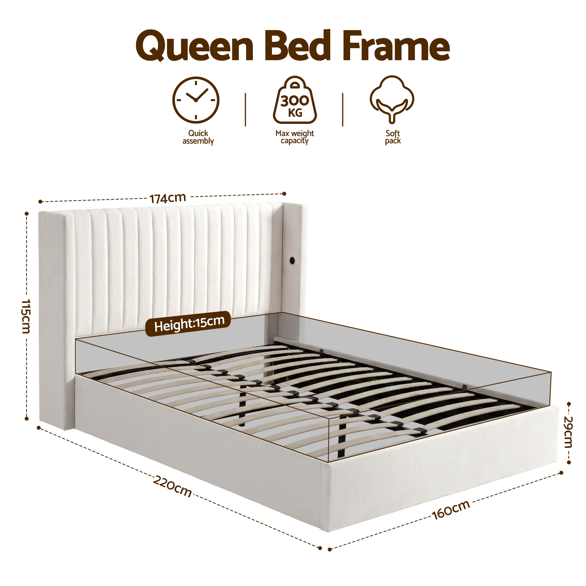 Artiss Queen Bed Frame with Gaslift Storage USB Type-C Charging Ports Velvet Upholstery White — image 2