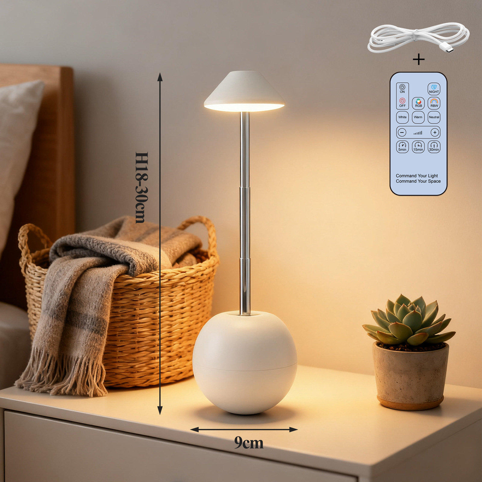 White Creative Tumbler LED Night Light - Rechargeable RGB Desk Lamp with Remote Control - Height Adjustable, Brightness Adjustable, Bedside Ambient Light โ image 2