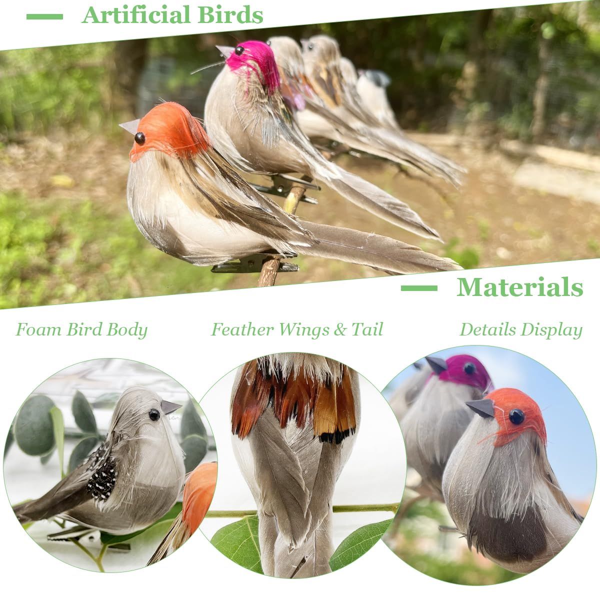 3D Small Artificial Sparrow 3.9" Clip on Feather Birds Ornaments for Craft Garden Christmas Tree Decoration Home Decor (6pcs) — image 2
