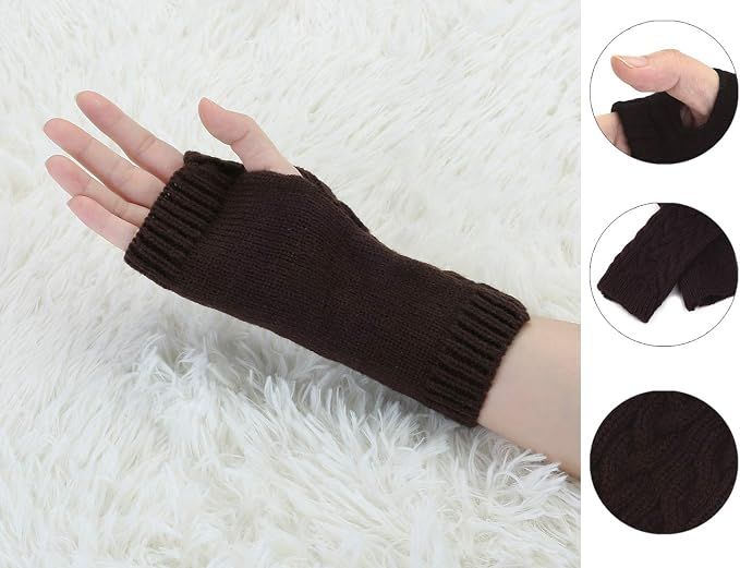 Brown Fingerless Wrist Mittens for Women, Classic Acrylic Knit Gloves Available in 9 Colors, Ideal for Typing Driving and Casual Cool Weather Wear — image 3