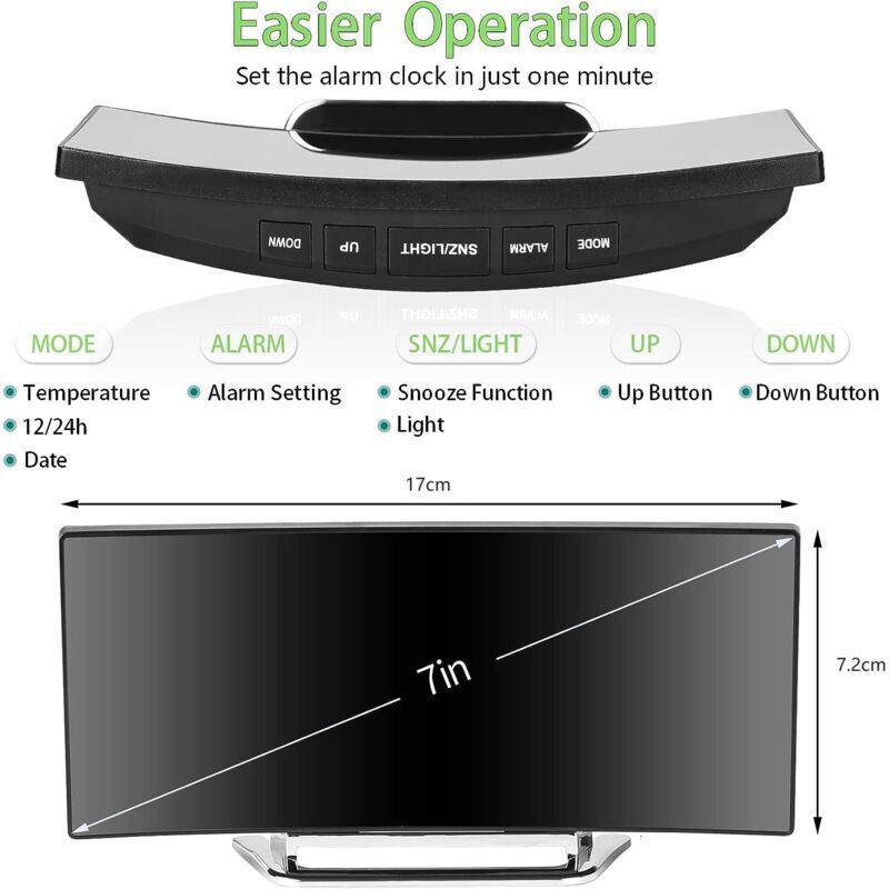 Digital Alarm Clock For Bedroom, 7'' LED Mirror Screen, 2 Brightness, Temperature, DAte, Usb Powered, Memory Function — image 2