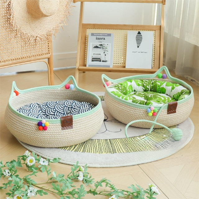L Size Handwoven Natural Rattan Cat Bed and Scratcher - Washable Low-Mess Round Nest with White Removable Cushion, Pillow, Cooling Mat and Toy Ball โ image 4