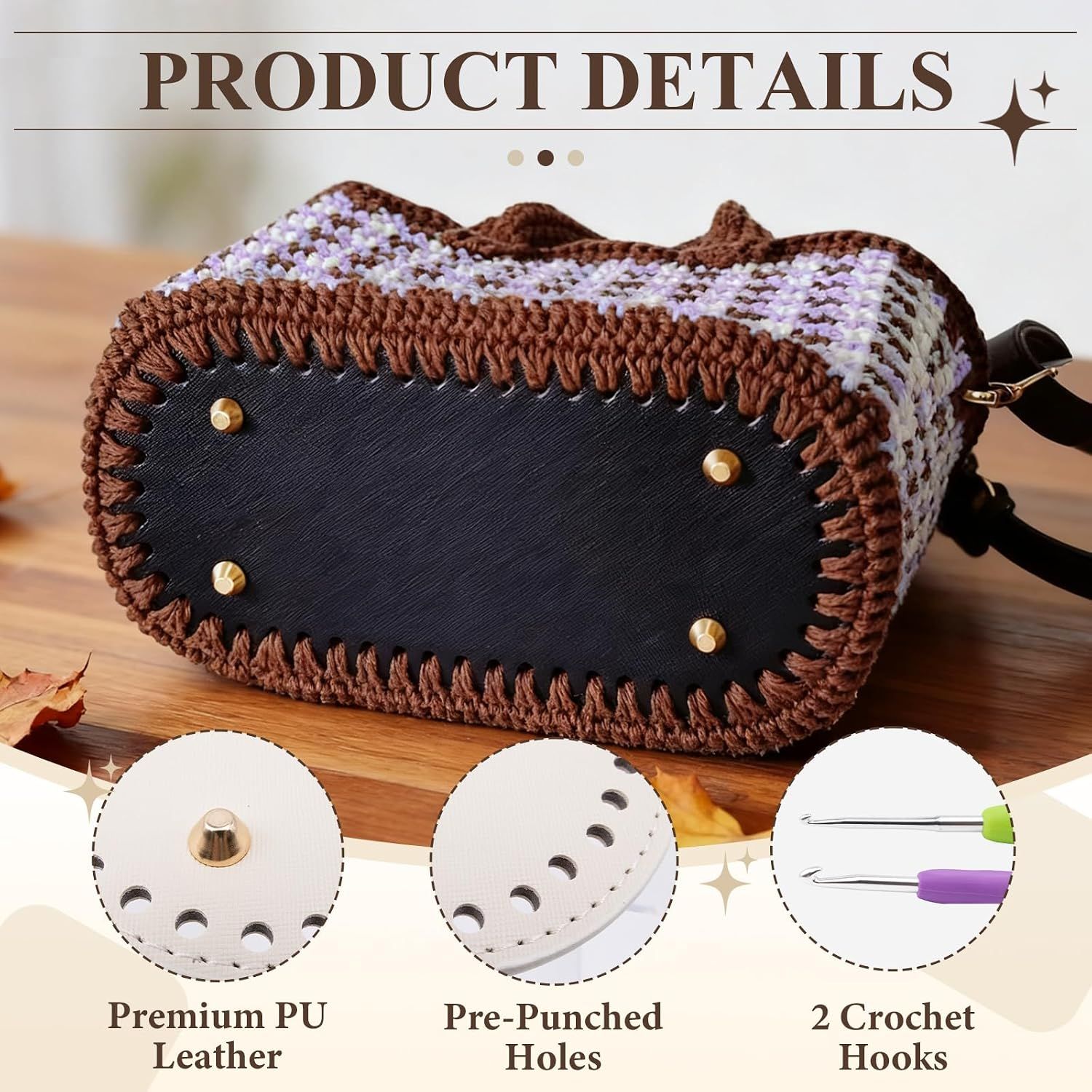 5 PCS Bag Bases 8.6" x 3.9" Purse Bottoms for Crochet Bags with 2 PCS Crochet Hook 5 Colors Leather Purse Bottoms for DIY Bags Making Supplies Kit Knitting — image 4