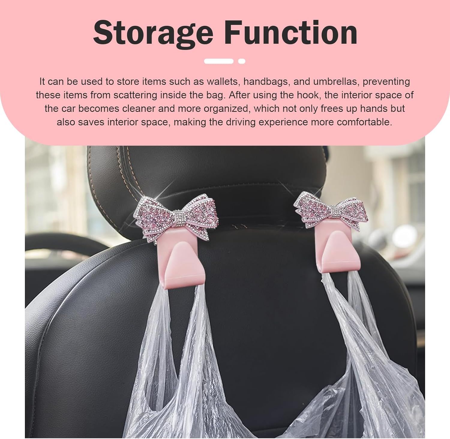2 PCS Car Bling Seat Headrest Hooks, 3D Butterfly Bow Rhinestone Decoration Hook, Multi-function Storage Hanger for Purses and Bags, Cute Organizer for Car — image 5
