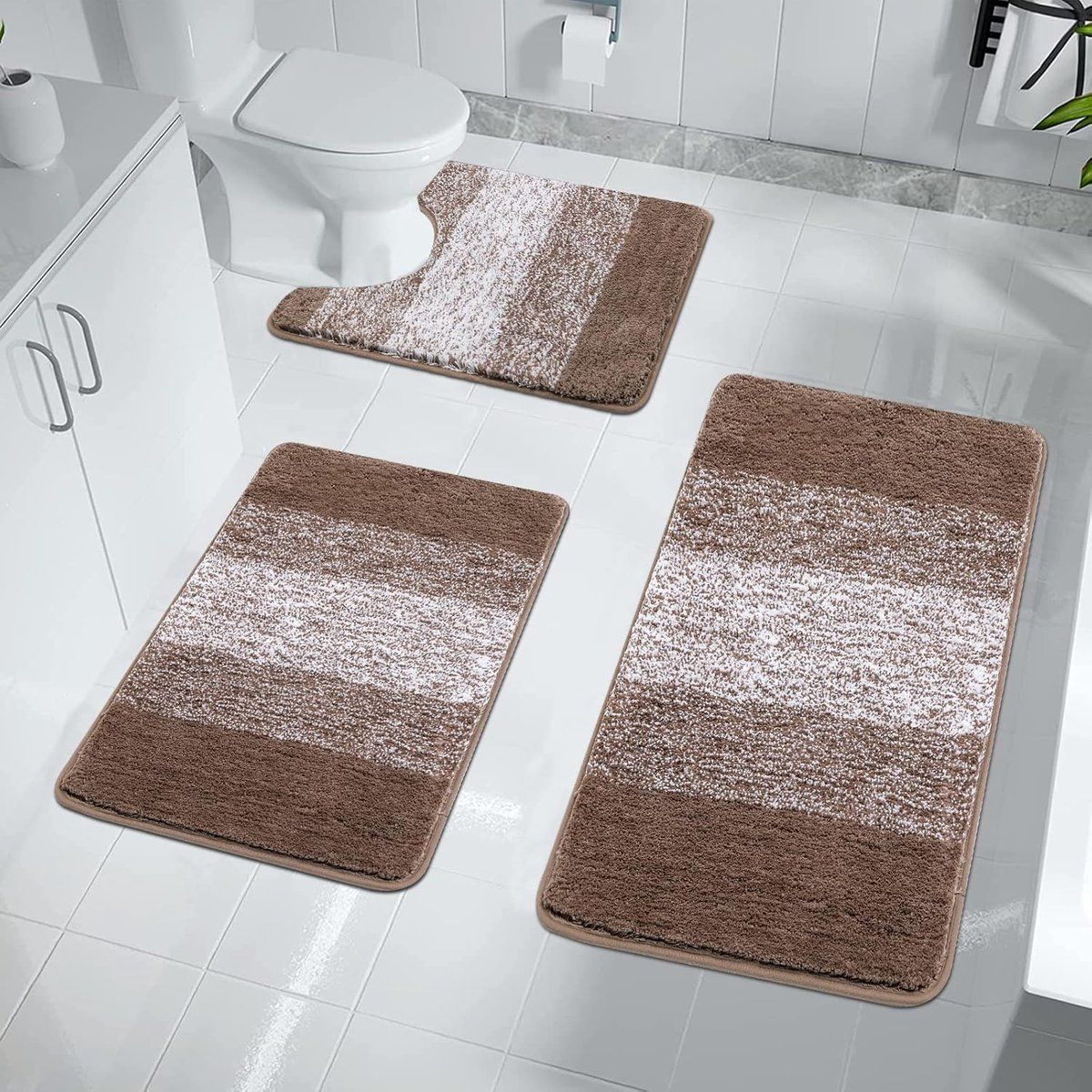 3-Piece Brown Striped Bath Mat Set, Non-Slip Washable Absorbent Bathroom Rugs