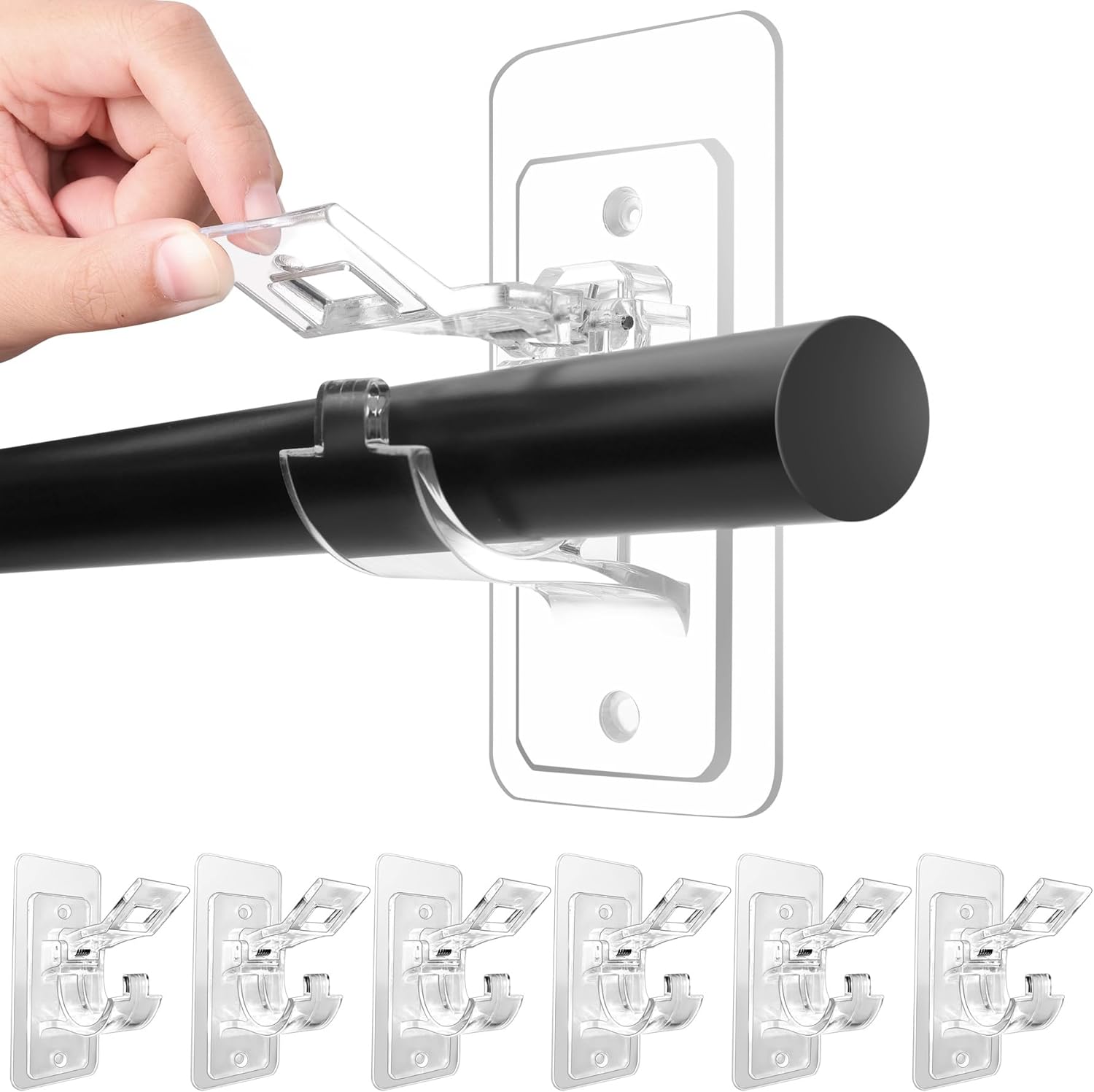 6-Pack No Drill Needed Curtain Rod Holders, Self Adhesive Rod Brackets for Smooth Walls, Multipurpose Nail-Free Stick on Curtain Rod Hooks, Screw Mount Curtain