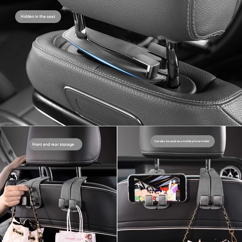 Grey 4-Pack Car Seat Back Hooks – Hidden Suede Leather with Metal Hooks for Storage and Phone Stand — image 3