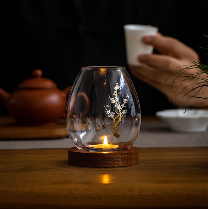 Windproof Glass Candle Cover with Wood Base - For Tealights, Zen Home Accent (Plum blossom candlestick) โ image 5